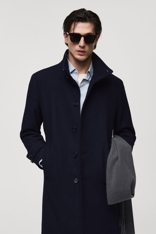 Manteau en laine à col cheminée - Bleu marine