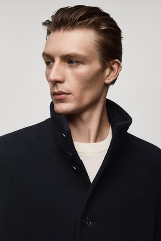 Manteau long laine à col cheminée - Bleu marine