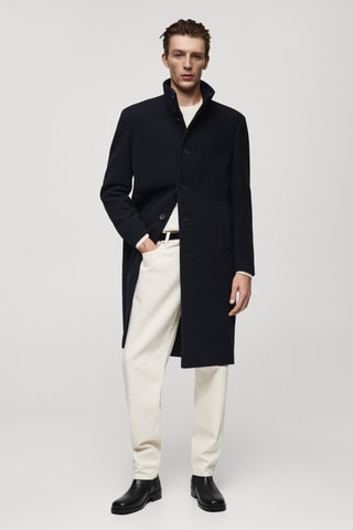 Manteau long laine à col cheminée - Bleu marine