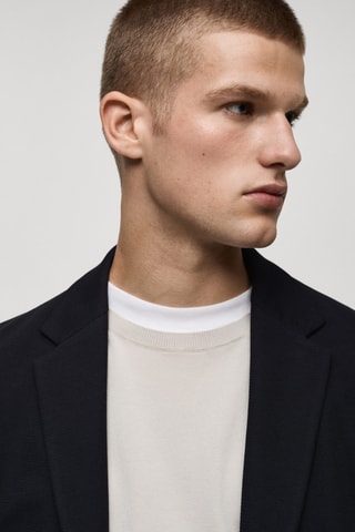 Slim-fit cotton micro-structured tailored jacket - Bleu marine