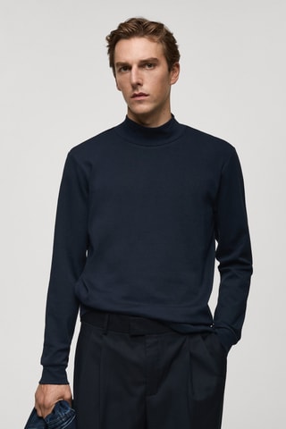 T-shirt coton col montant - Bleu marine