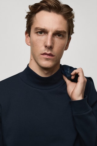 T-shirt coton col montant - Bleu marine