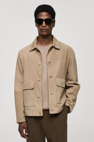 Blouson 100 % cuir daim poches - Gris clair