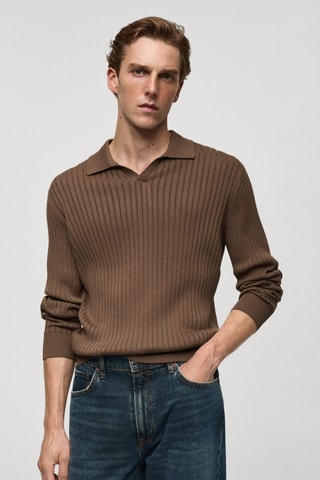 Pull-over polo maille fine côtelée - Gris