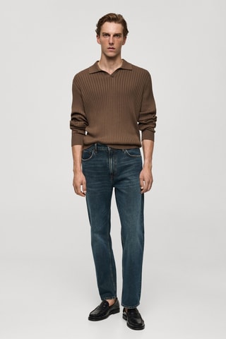 Pull-over polo maille fine côtelée - Gris