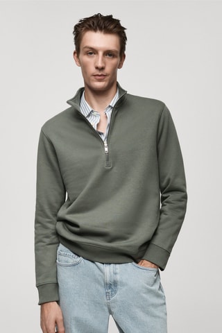 Sweat-shirt coton col zippé - Vert