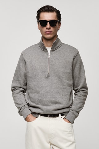 Sweat-shirt coton col zippé - Gris chiné