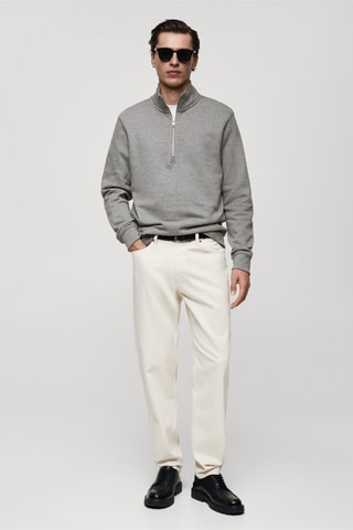 Sweat-shirt coton col zippé - Gris chiné