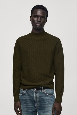 Pull-over coton structuré col montant - Kaki