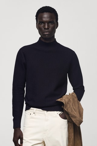Pull-over coton structuré col montant - Bleu marine