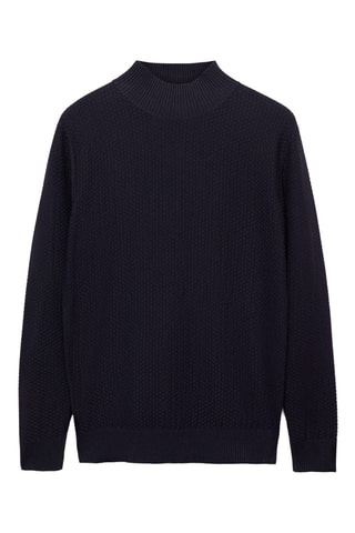Pull-over coton structuré col montant - Bleu marine