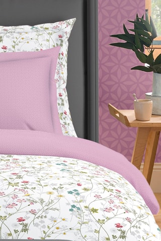 2 taies d'oreiller en satin de coton 80 fils/cm² - Fleurs sauvages - Blanc et rose