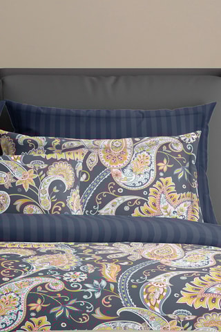 2 taies d'oreiller en satin de coton 80 fils/cm² Boteh - Bleu foncé et doré
