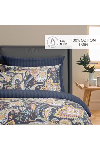 2 taies d'oreiller en satin de coton 80 fils/cm² Boteh - Bleu foncé et doré