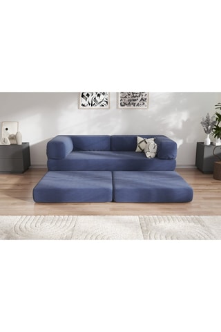 Sofá convertível com pufe Smart - Azul-marinho - 2 lugares - Em tecido veludo