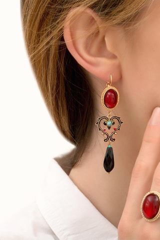 Boucles d’oreilles dorées à l’or fin jaune Ultima - Onyx, grenats, péridots et turquoises