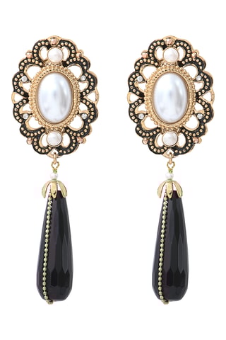Boucles d'oreilles dorées à l’or fin jaune Ultima - Onyx et perles de culture d'eau douce