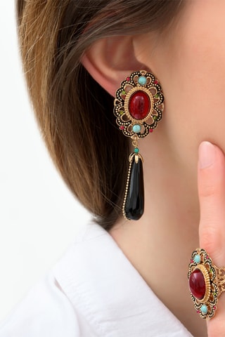 Boucles d'oreilles dorées à l’or fin jaune Ultima - Grenats, onyx, péridots et turquoises