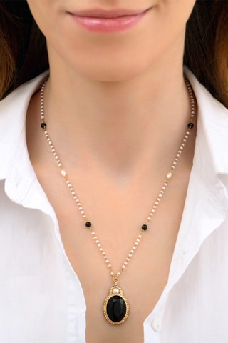 Collier dorées à l’or fin jaune Ultima - Onyx et perles de culture d'eau douce