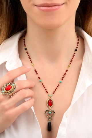 Collier doré à l’or fin jaune Ultima - Turquoises, péridots, onyx et grenat