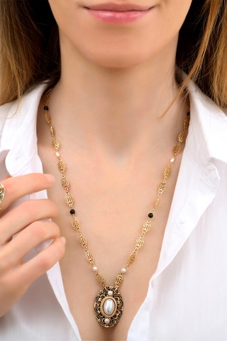 Collier doré à l’or fin jaune Ultima - Onyx, turquoises et perles de culture d’eau douce