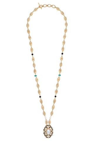 Collier doré à l’or fin jaune Ultima - Onyx, turquoises et perles de culture d’eau douce