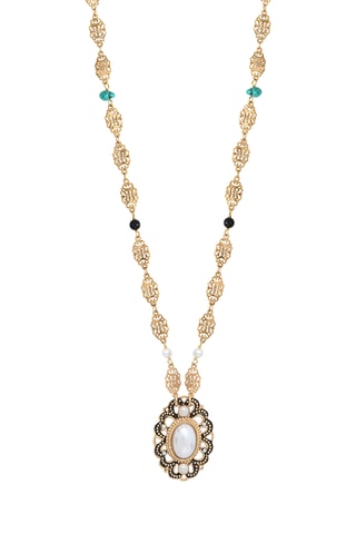 Collier doré à l’or fin jaune Ultima - Onyx, turquoises et perles de culture d’eau douce