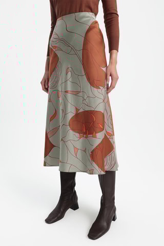 Saia midi cintura subida - Cinzento e vermelho-tijolo