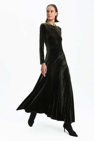 Vestido comprido em veludo - Caqui