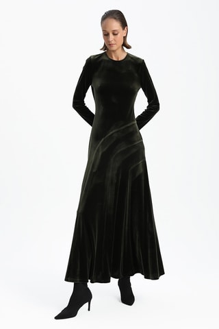 Vestido comprido em veludo - Caqui