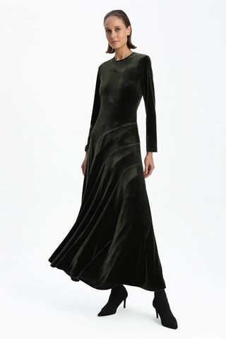 Vestido comprido em veludo - Caqui
