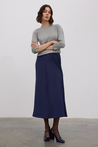Saia midi cintura subida - Azul-marinho