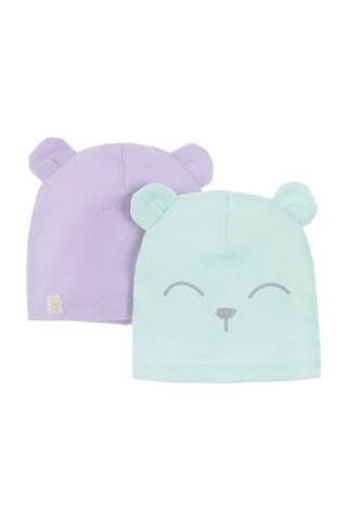2 bonnets à oreilles - Violet et vert d’eau