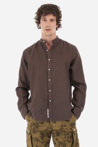 Camisa regular em linho - Castanho