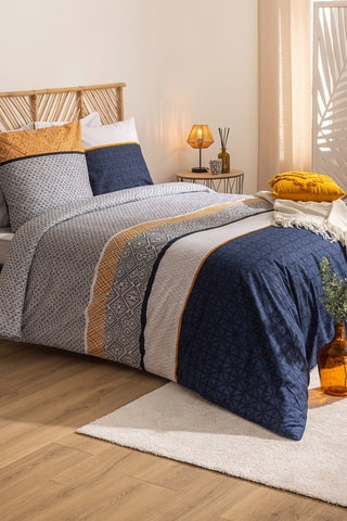 Parure de couette en coton 57 fils/cm² Etnik - Bleu marine et blanc