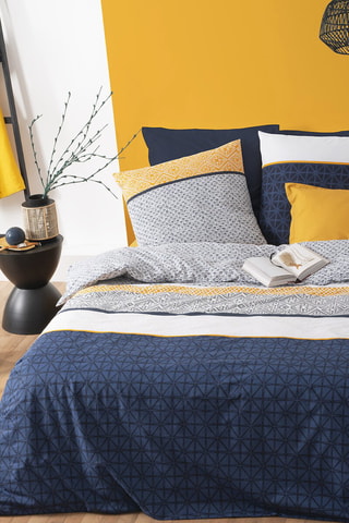 Parure de couette en coton 57 fils/cm² Etnik - Bleu marine et blanc