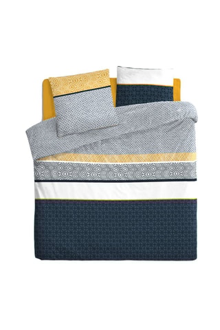 Parure de couette en coton 57 fils/cm² Etnik - Bleu marine et blanc