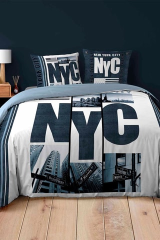 Parure de couette réversible en coton 42 fils/cm² Hudson - Blanc et bleu foncé