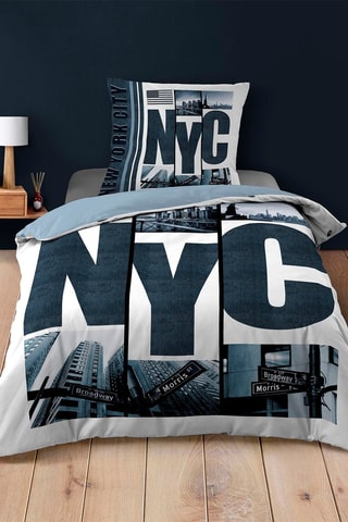 Parure de couette réversible en coton 42 fils/cm² Hudson - Blanc et bleu foncé