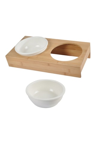 Double gamelle en céramique et bambou - Blanc - 16 x 37 x 19,5 cm