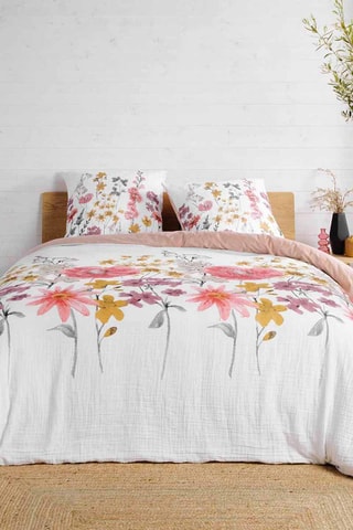 Parure de couette en double gaze 
 de coton - 57 fils/cm² Rosine - Blanc, rose et jaune