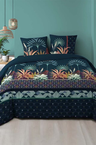 Parure de couette en coton 57 fils/cm² Floriana - Bleu foncé et vert
