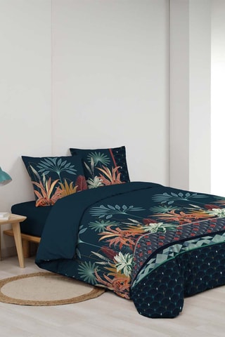 Parure de couette en coton 57 fils/cm² Floriana - Bleu foncé et vert