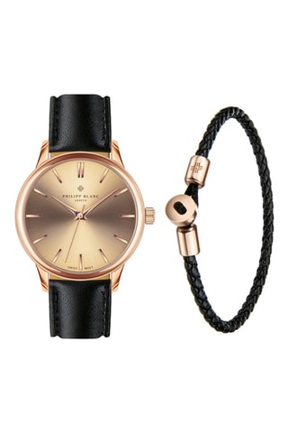 Coffret relógio de quartzo folheado a íon ouro rosa e couro e pulseira em couro Lugano