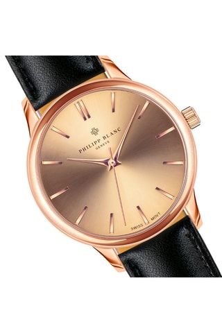 Coffret relógio de quartzo folheado a íon ouro rosa e couro e pulseira em couro Lugano