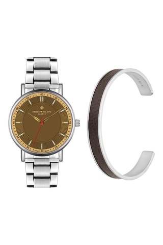 Coffret relógio de quartzo em aço e pulseira rígida em couro