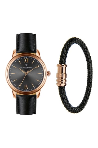 Coffret relógio de quartzo em couro e bracelete em couro