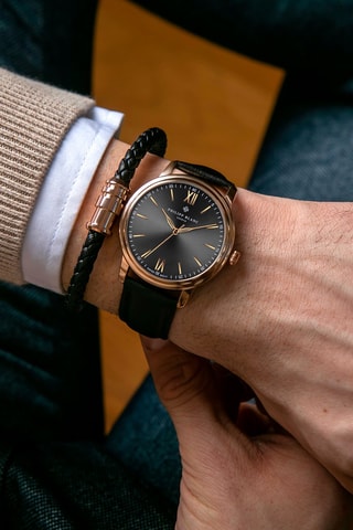 Coffret relógio de quartzo em couro e bracelete em couro