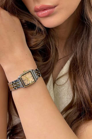 Coffret relógio de quartzo em prata ionizada e diamante e pulseiras em couro Olympe