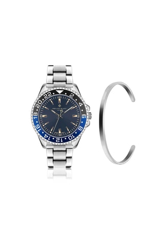 Coffret relógio de quartzo em couro, banhado ião prata e diamante e pulseira rígida em couro Olympe